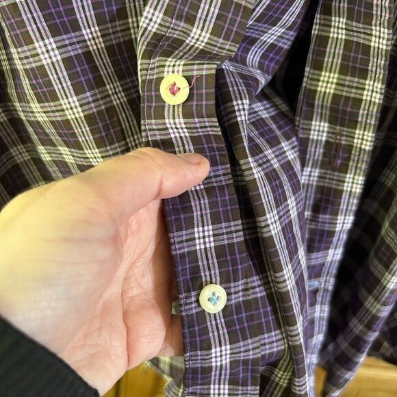 Men's Peter Millar Large Purple & Brown Plaid Long Sleeve Button Front Shirt - Picture 9 of 12